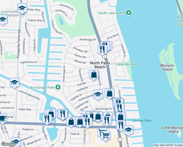 map of restaurants, bars, coffee shops, grocery stores, and more near 425 Harbour Road in North Palm Beach