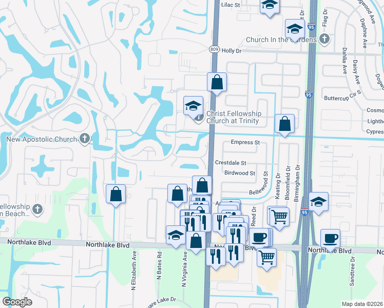 map of restaurants, bars, coffee shops, grocery stores, and more near 108c Palm Bay Drive in Palm Beach Gardens