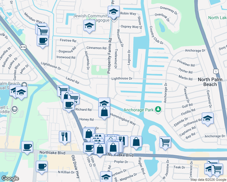 map of restaurants, bars, coffee shops, grocery stores, and more near 606 Prosperity Farms Road in North Palm Beach