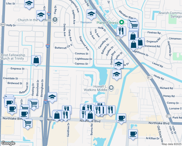 map of restaurants, bars, coffee shops, grocery stores, and more near 2021 Bedford Drive in Palm Beach Gardens