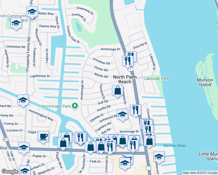 map of restaurants, bars, coffee shops, grocery stores, and more near 425 Harbour Road in North Palm Beach