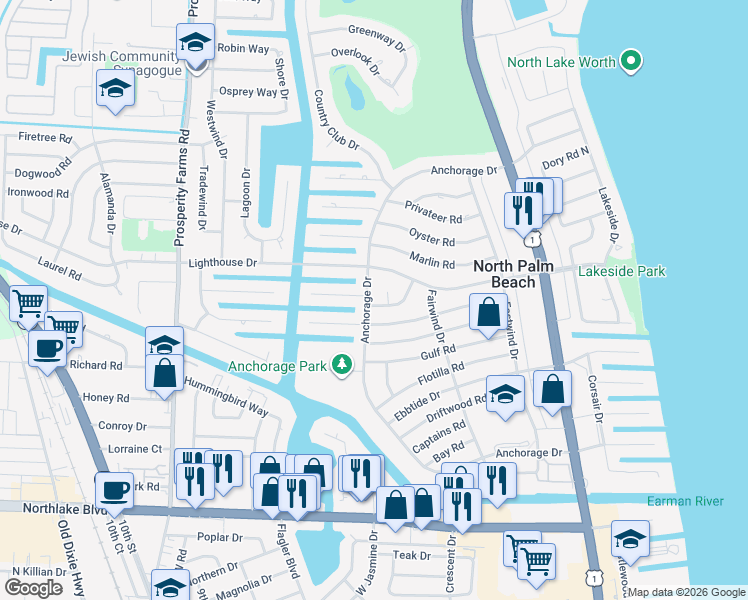map of restaurants, bars, coffee shops, grocery stores, and more near 649 Anchorage Drive in North Palm Beach