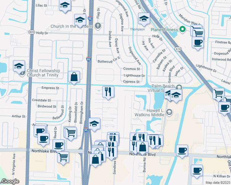 map of restaurants, bars, coffee shops, grocery stores, and more near 3717 Park Lane Villas Road in West Palm Beach