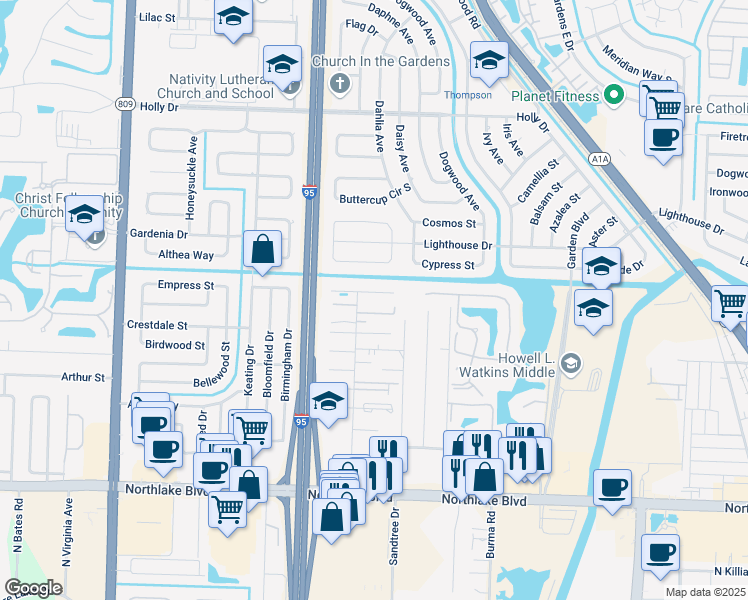 map of restaurants, bars, coffee shops, grocery stores, and more near 3840 Park Lane Villas Road in West Palm Beach