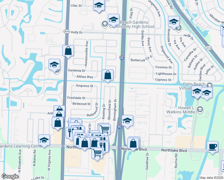 map of restaurants, bars, coffee shops, grocery stores, and more near 9504 Bloomfield Drive in Palm Beach Gardens