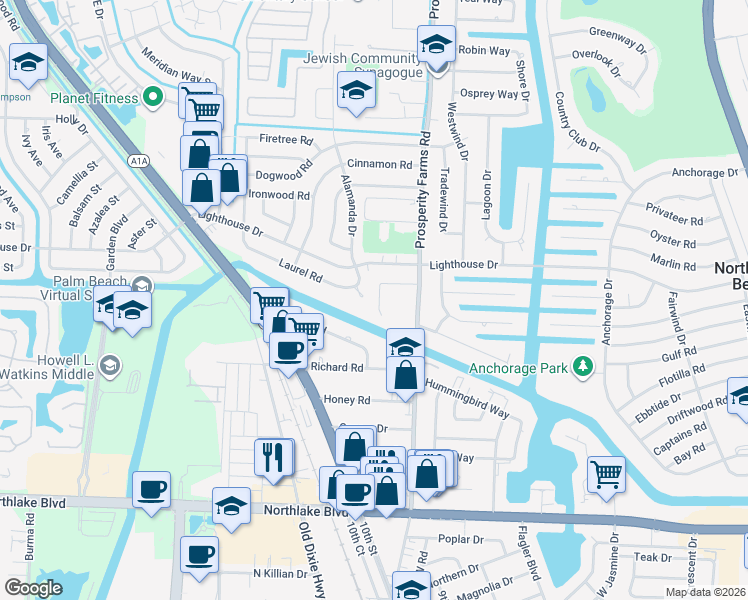 map of restaurants, bars, coffee shops, grocery stores, and more near 41 Robalo Court in North Palm Beach