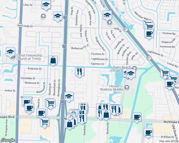 map of restaurants, bars, coffee shops, grocery stores, and more near 1092 Bedford Avenue in Palm Beach Gardens