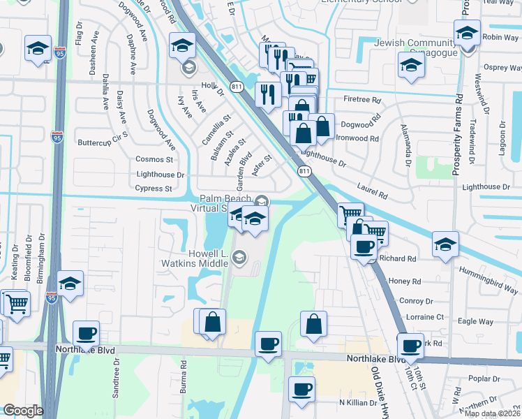 map of restaurants, bars, coffee shops, grocery stores, and more near 406 Riverside Drive in Palm Beach Gardens