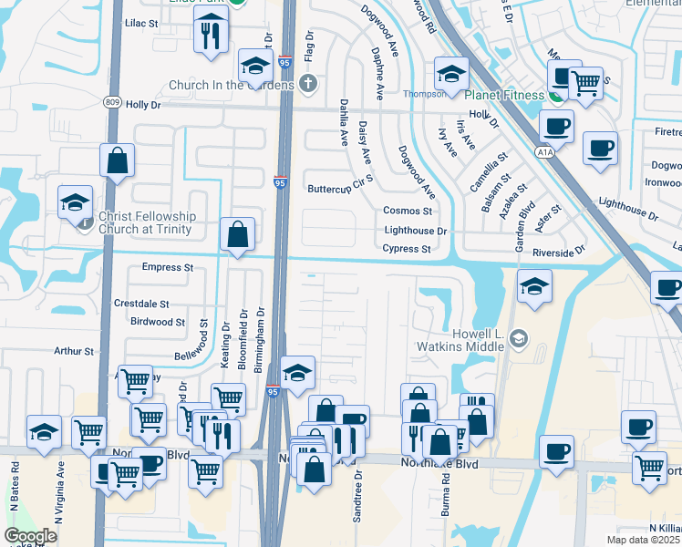 map of restaurants, bars, coffee shops, grocery stores, and more near 3852 Begonia Street in Palm Beach Gardens