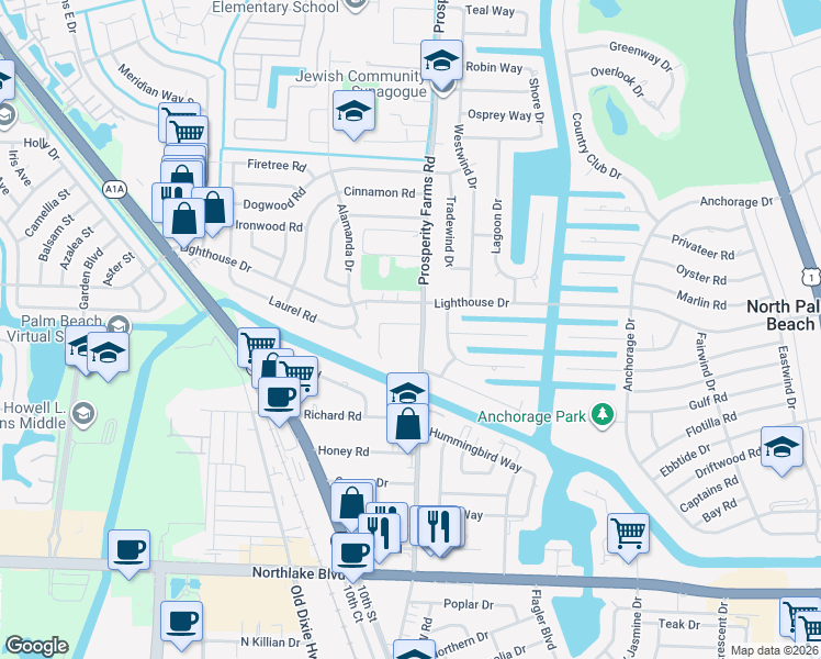 map of restaurants, bars, coffee shops, grocery stores, and more near 6 Robalo Court in North Palm Beach