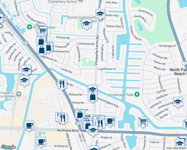 map of restaurants, bars, coffee shops, grocery stores, and more near 6 Robalo Court in North Palm Beach