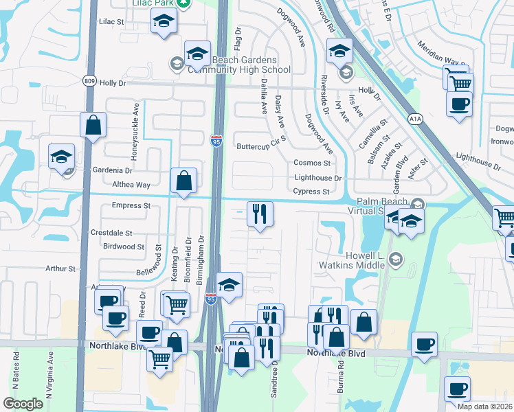 map of restaurants, bars, coffee shops, grocery stores, and more near 3852 Begonia Street in Palm Beach Gardens