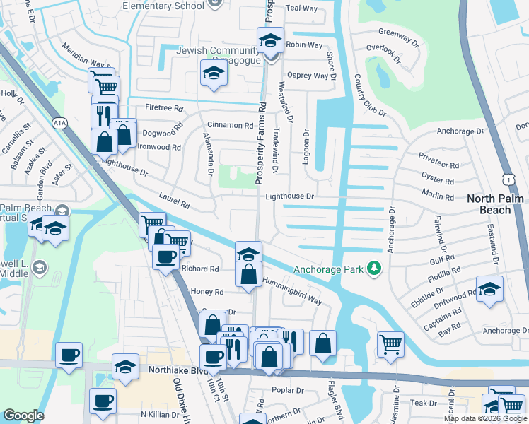 map of restaurants, bars, coffee shops, grocery stores, and more near 630 Prosperity Farms Road in North Palm Beach