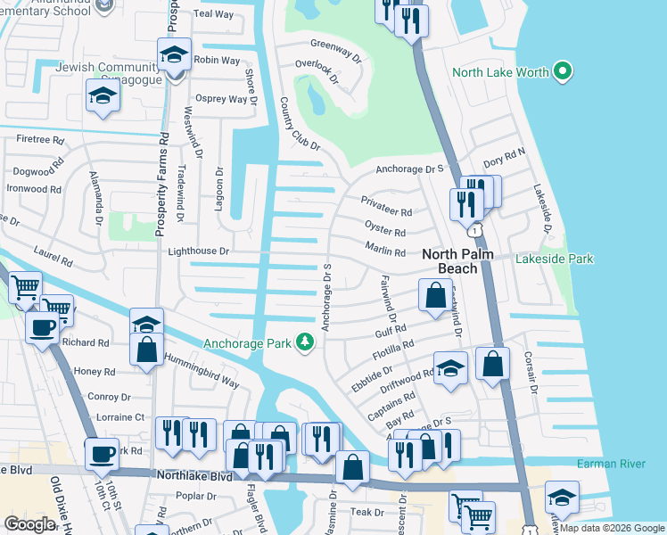 map of restaurants, bars, coffee shops, grocery stores, and more near 670 Anchorage Drive in North Palm Beach