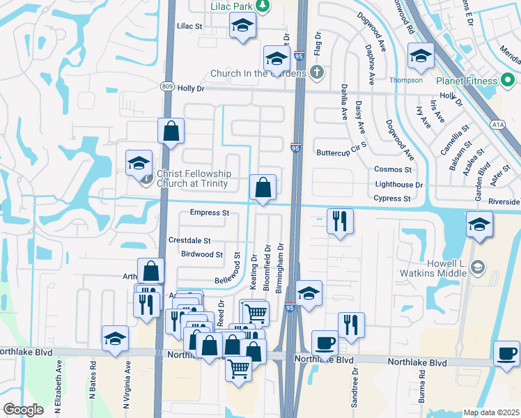 map of restaurants, bars, coffee shops, grocery stores, and more near 4137 Rodgers Street in Palm Beach Gardens