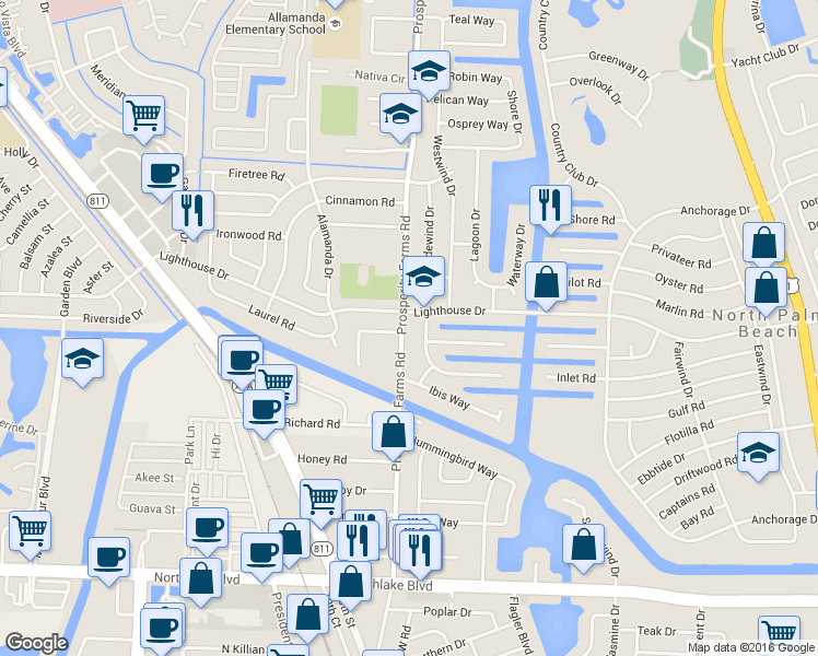 map of restaurants, bars, coffee shops, grocery stores, and more near 630 Prosperity Farms Road in North Palm Beach