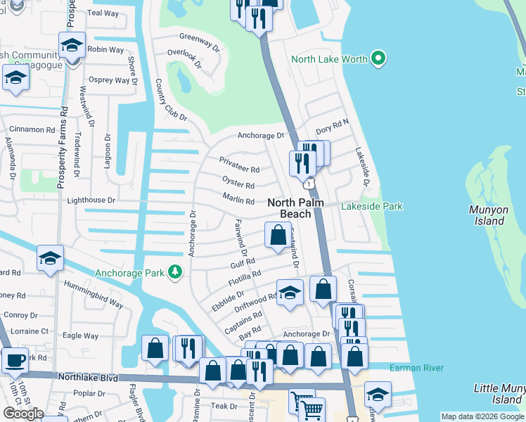 map of restaurants, bars, coffee shops, grocery stores, and more near 419 Lighthouse Drive in North Palm Beach