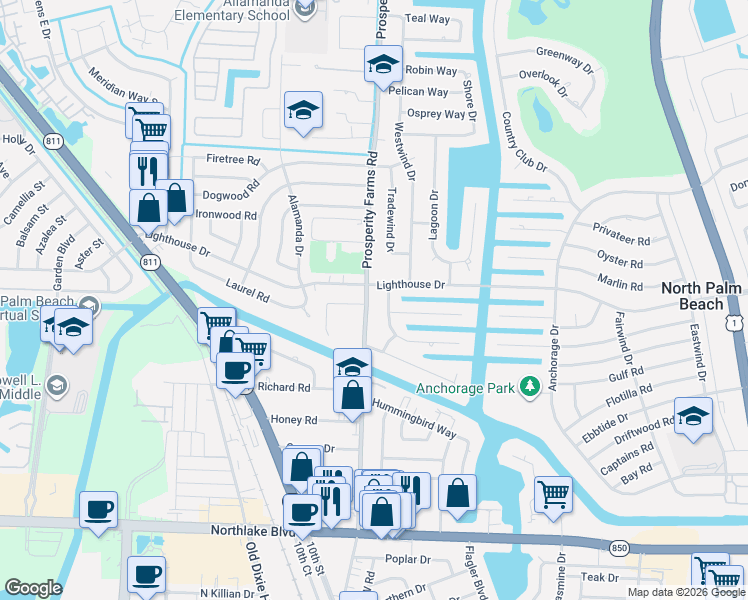 map of restaurants, bars, coffee shops, grocery stores, and more near 630 Prosperity Farms Road in North Palm Beach