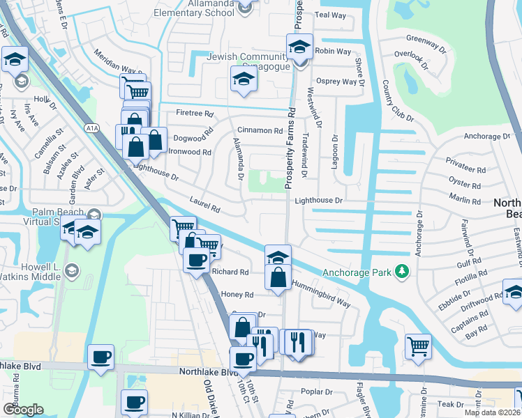 map of restaurants, bars, coffee shops, grocery stores, and more near 15 Robalo Court in North Palm Beach