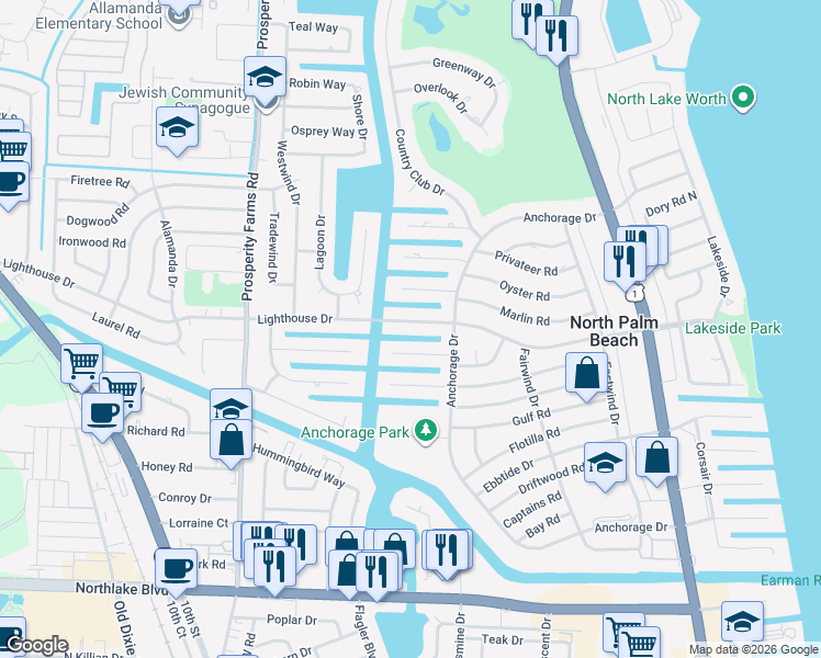 map of restaurants, bars, coffee shops, grocery stores, and more near 624 Lighthouse Drive in North Palm Beach