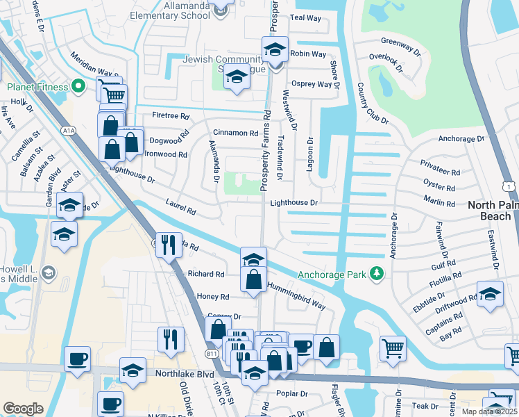 map of restaurants, bars, coffee shops, grocery stores, and more near 630 Prosperity Farms Road in North Palm Beach