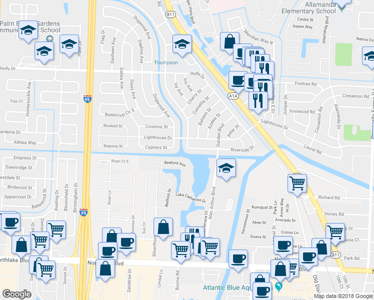map of restaurants, bars, coffee shops, grocery stores, and more near 266 Riverside Drive in Palm Beach Gardens