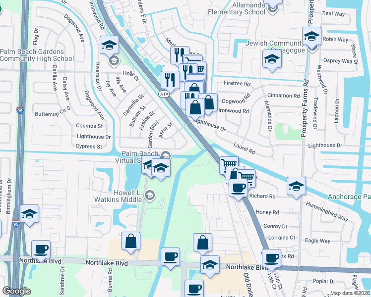 map of restaurants, bars, coffee shops, grocery stores, and more near 444 Riverside Drive in Palm Beach Gardens