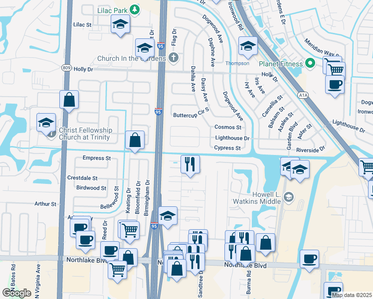 map of restaurants, bars, coffee shops, grocery stores, and more near 3852 Begonia Street in Palm Beach Gardens