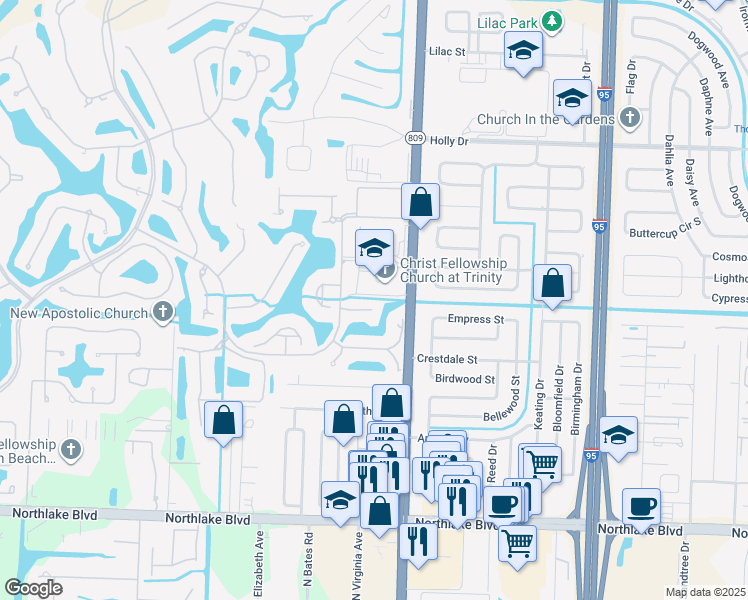 map of restaurants, bars, coffee shops, grocery stores, and more near 121 Palm Bay Terrace in Palm Beach Gardens