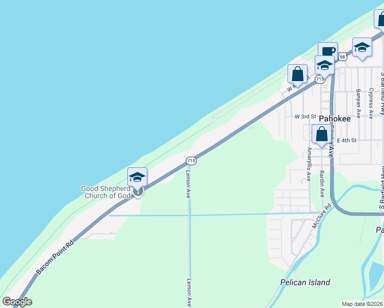 map of restaurants, bars, coffee shops, grocery stores, and more near 1251 Bacom Point Road in Pahokee