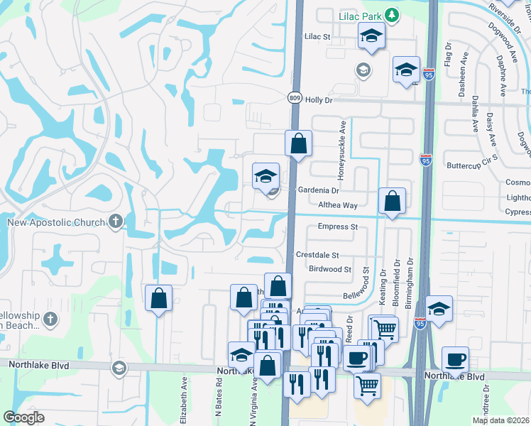 map of restaurants, bars, coffee shops, grocery stores, and more near 121 Palm Bay Terrace in Palm Beach Gardens
