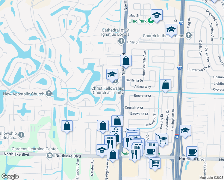 map of restaurants, bars, coffee shops, grocery stores, and more near 121 Palm Bay Terrace in Palm Beach Gardens