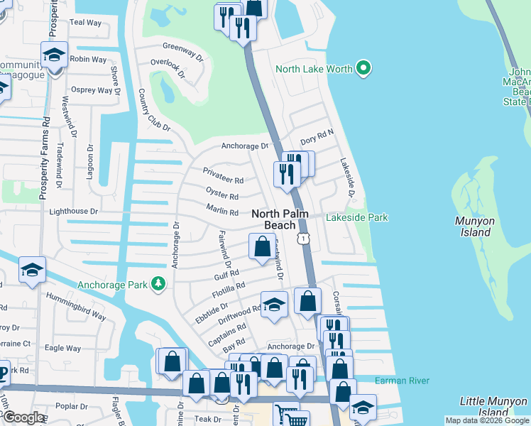map of restaurants, bars, coffee shops, grocery stores, and more near in North Palm Beach