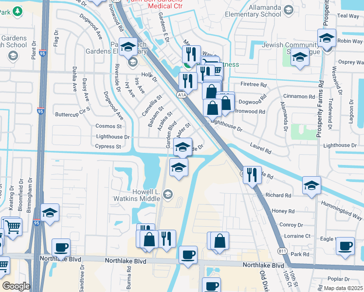 map of restaurants, bars, coffee shops, grocery stores, and more near 387 Riverside Drive in Palm Beach Gardens