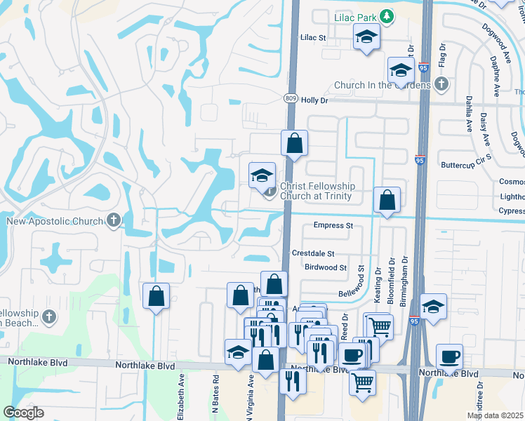 map of restaurants, bars, coffee shops, grocery stores, and more near 121 Palm Bay Terrace in Palm Beach Gardens