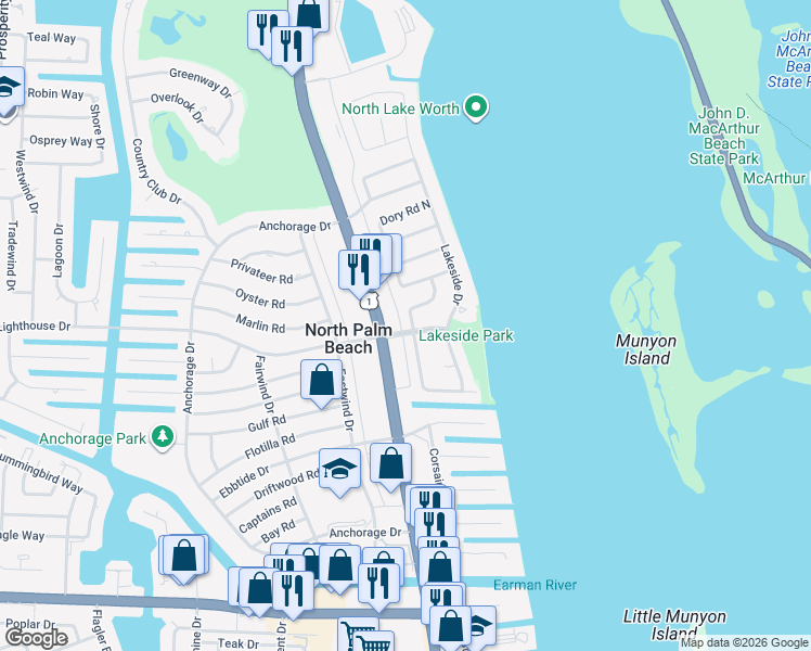 map of restaurants, bars, coffee shops, grocery stores, and more near 701 Buoy Road in North Palm Beach