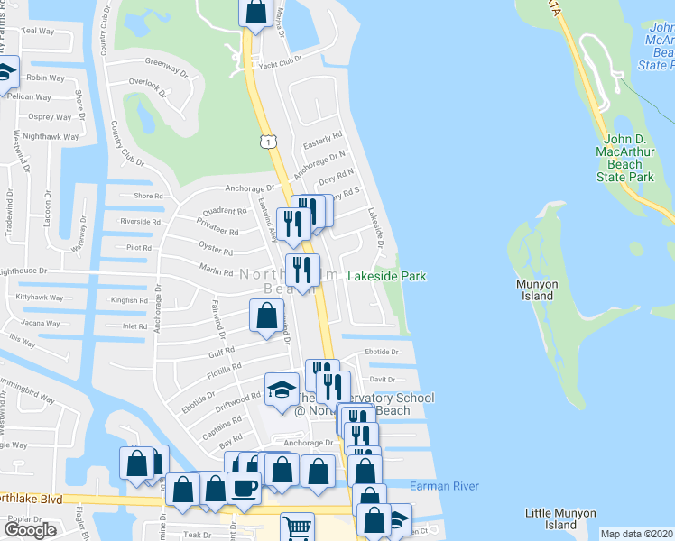 map of restaurants, bars, coffee shops, grocery stores, and more near 701 Buoy Road in North Palm Beach