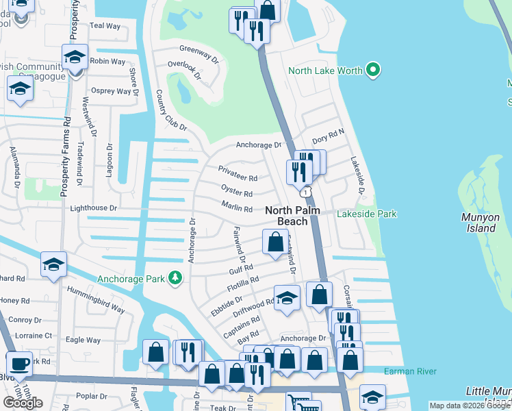 map of restaurants, bars, coffee shops, grocery stores, and more near 419 Lighthouse Drive in North Palm Beach
