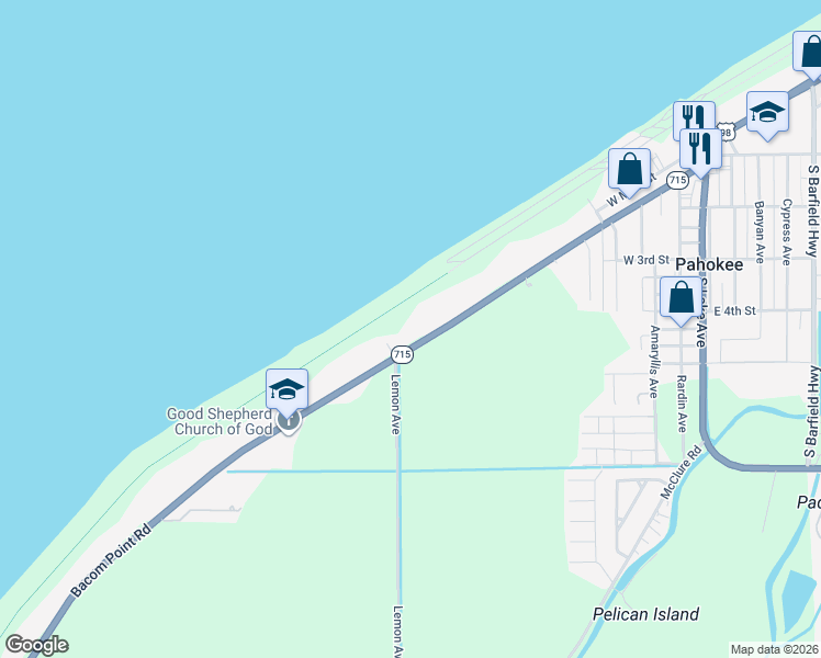 map of restaurants, bars, coffee shops, grocery stores, and more near 1251 Bacom Point Road in Pahokee