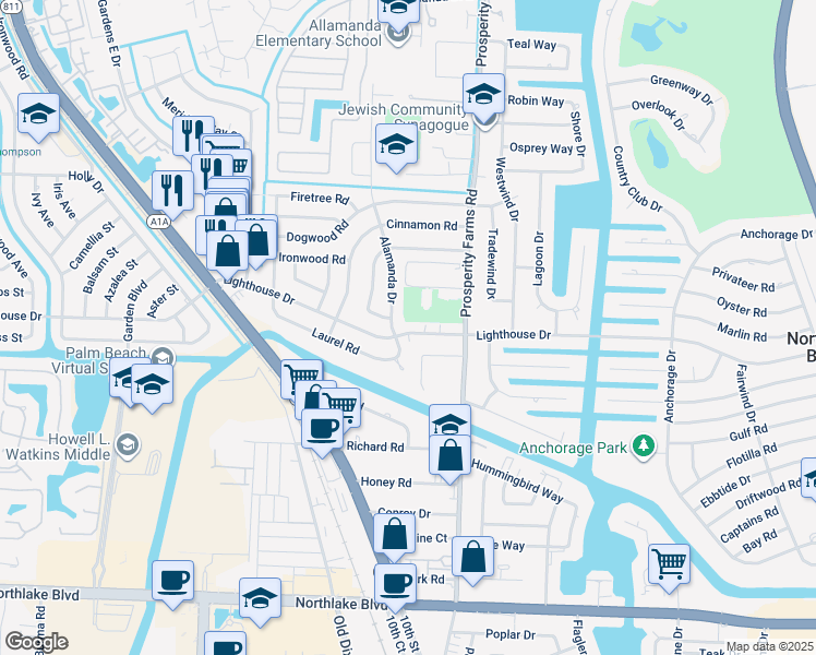 map of restaurants, bars, coffee shops, grocery stores, and more near 828 Lighthouse Drive in North Palm Beach