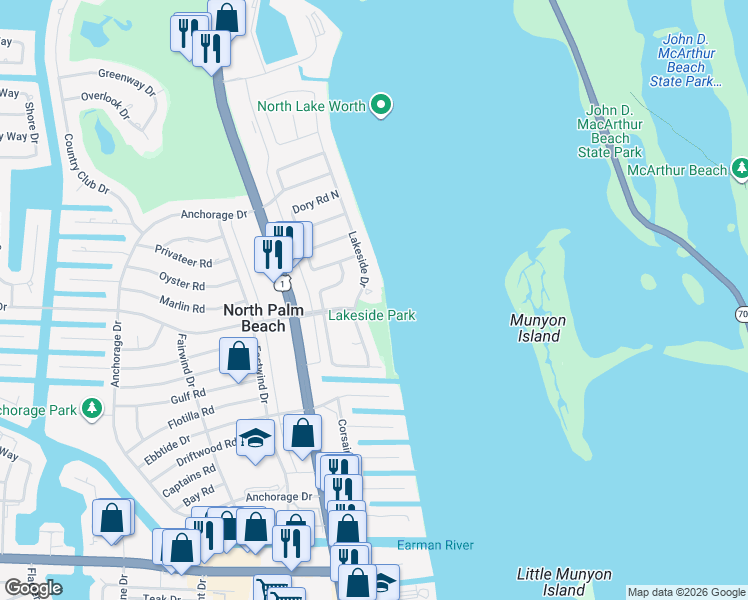 map of restaurants, bars, coffee shops, grocery stores, and more near 719 Lakeside Drive in North Palm Beach