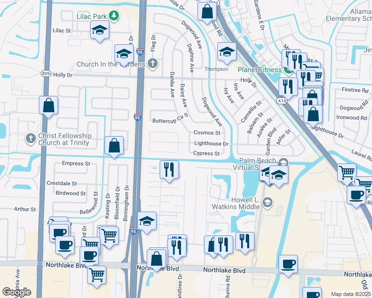 map of restaurants, bars, coffee shops, grocery stores, and more near 9627 Cypress Street in Palm Beach Gardens