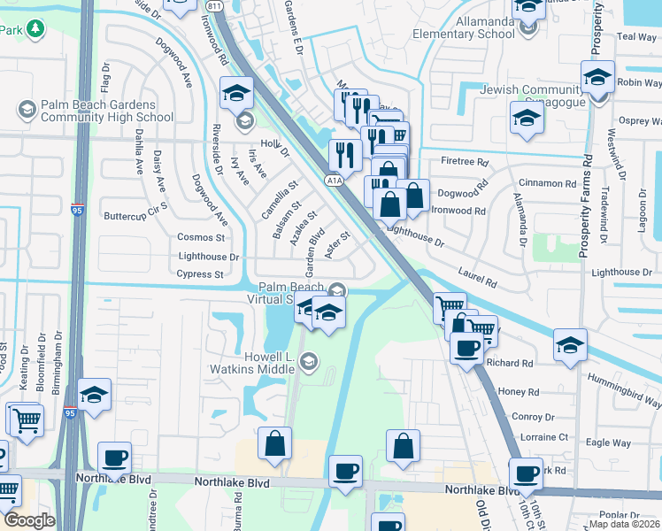 map of restaurants, bars, coffee shops, grocery stores, and more near 411 Lighthouse Drive in Palm Beach Gardens