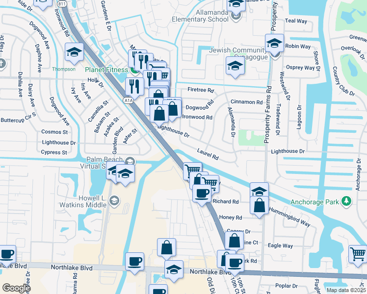 map of restaurants, bars, coffee shops, grocery stores, and more near 973 Laurel Road in North Palm Beach