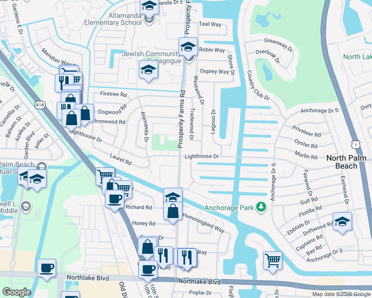 map of restaurants, bars, coffee shops, grocery stores, and more near 757 Lighthouse Drive in North Palm Beach