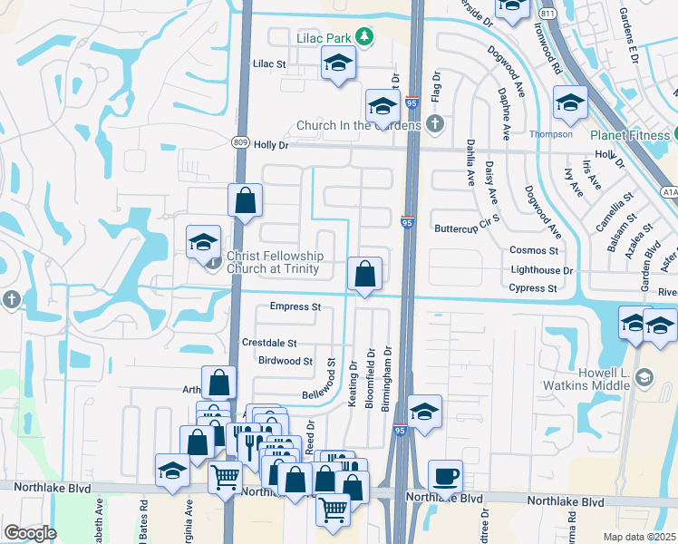 map of restaurants, bars, coffee shops, grocery stores, and more near 9630 Althea Way in Palm Beach Gardens