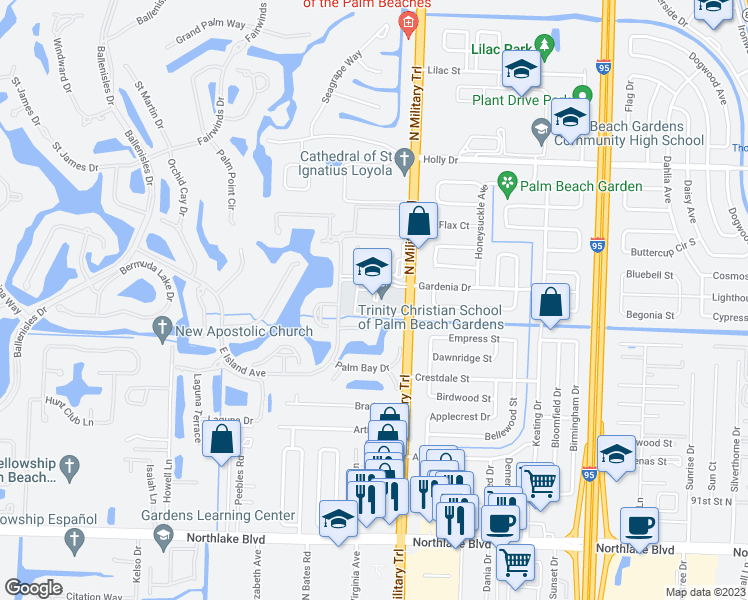 map of restaurants, bars, coffee shops, grocery stores, and more near 9625 North Military Trail in West Palm Beach