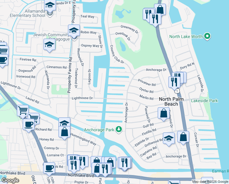 map of restaurants, bars, coffee shops, grocery stores, and more near 630 Pilot Road in North Palm Beach
