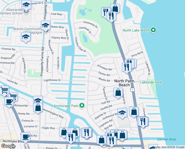 map of restaurants, bars, coffee shops, grocery stores, and more near 537 Marlin Road in North Palm Beach
