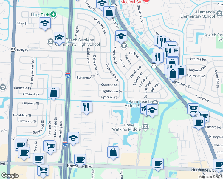 map of restaurants, bars, coffee shops, grocery stores, and more near 3611 Lighthouse Drive in Palm Beach Gardens